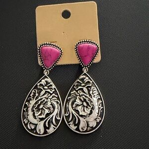 Floral Silver and Pink Teardrop Earrings